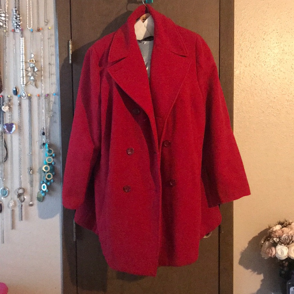 Bright red pea coat